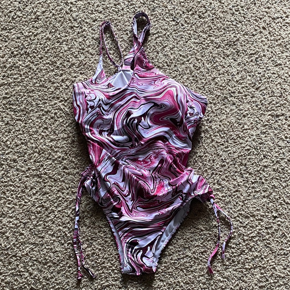 Women’s Swirl Patterned One piece Swimsuit - Pink, white, and black